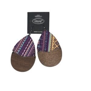 New NWT Wooden Fabric Covered Boho Aztec Dangle Earrings Purple Yellow